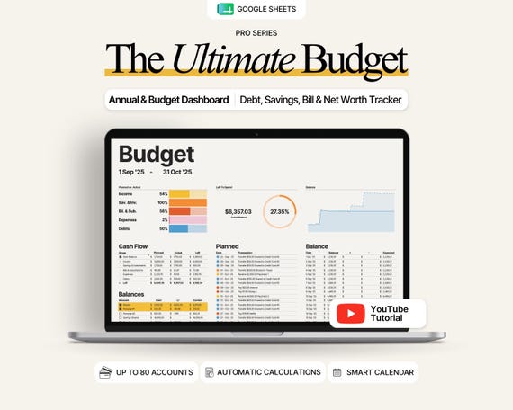 Ultimate Budget Spreadsheet Google Sheets With Annual Budget Planner, Debt Payoff Tracker, Savings Tracker, Net Worth Tracker, Bill Calendar