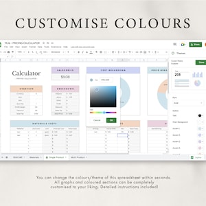 May include: A customizable spreadsheet template for pricing calculations. The spreadsheet includes sections for overview, breakdown, materials costs, and price breakdown. The template is designed to help users calculate the cost of their products and services. The spreadsheet is color-coded and includes charts and graphs to help users visualize their data.