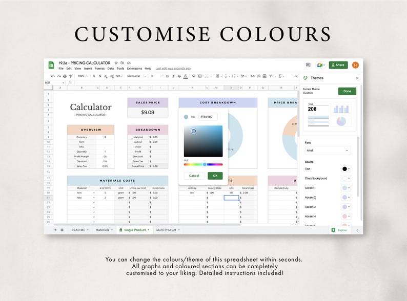 May include: A customizable spreadsheet template for pricing calculations. The spreadsheet includes sections for overview, breakdown, materials costs, and price breakdown. The template is designed to help users calculate the cost of their products and services. The spreadsheet is color-coded and includes charts and graphs to help users visualize their data.