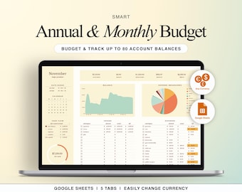 Annual Monthly Budget Spreadsheet: Google Sheets Finance Tracker (Digital Download)