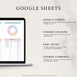 May include: A screenshot of a Google Sheets spreadsheet template with a pink, blue, and peach color scheme. The spreadsheet is designed for calculating costs and includes sections for labor costs, other costs, and a price breakdown. The text "GOOGLE SHEETS" is displayed at the top of the image. The text "This spreadsheet is specifically designed for Google Sheets" is displayed at the bottom of the image.