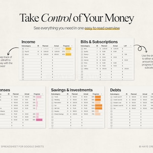Puede incluir: Una hoja de c&aacute;lculo de presupuesto digital para Google Sheets con el texto "Take Control of Your Money". La hoja de c&aacute;lculo incluye secciones para ingresos, gastos, ahorros y deudas, con barras de progreso.
