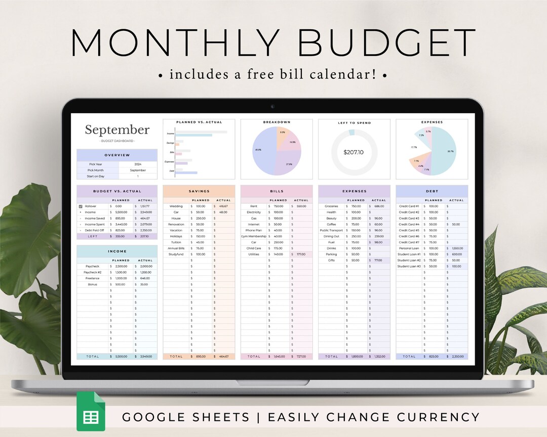 Monthly Budget Spreadsheet, Google Sheets Budget Template, Bill ...