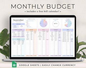 Feuille de calcul du budget mensuel, modèle de budget Google Sheets, calendrier des factures, tableau de bord des finances personnelles, planificateur budgétaire mensuel Google Sheets