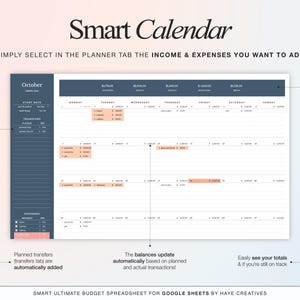 smart calendar tab of the annual smart budget spreadsheet for google sheets. view your planned income and expenses in a monthly calendar. also shows daily balances and the option to check of paid income & expenses to update the calendar