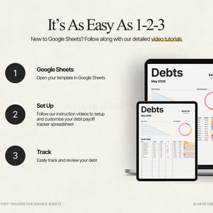 Puede incluir: Captura de pantalla de un rastreador digital de pago de deudas para Google Sheets, que se muestra en una computadora port&aacute;til y una tableta. La imagen incluye el texto "It's As Easy As 1-2-3" e instrucciones.