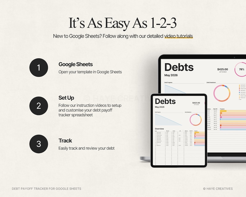 Puede incluir: Captura de pantalla de un rastreador digital de pago de deudas para Google Sheets, que se muestra en una computadora port&aacute;til y una tableta. La imagen incluye el texto "It's As Easy As 1-2-3" e instrucciones.