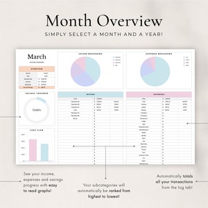 May include: A printable budget tracker worksheet with a light blue and pink colour scheme. The worksheet is titled "Month Overview" and includes sections for income, expenses, savings progress, and cash flow. The worksheet is designed to help users track their finances and make informed financial decisions.