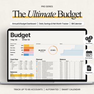 Puede incluir: Un portátil que muestra un panel de control de presupuesto con el texto "The Ultimate Budget". La pantalla muestra datos financieros, gráficos y el texto "Annual & Budget Dashboard". Incluye un calendario inteligente e integración con Google Sheets.