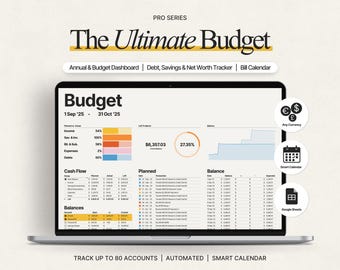 Hoja de cálculo de presupuesto anual definitiva de Google Sheets con planificador de presupuesto, calendario de facturas, seguimiento de pago de deudas, seguimiento de ahorros y seguimiento de patrimonio neto.
