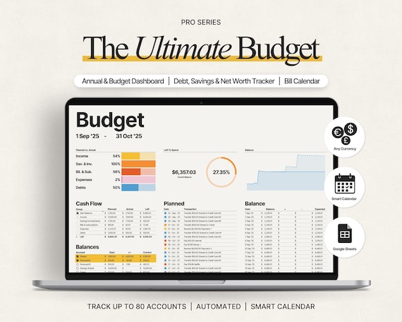 Ultimate Annual Budget Spreadsheet Google Sheets With Budget Planner, Bill Calendar, Debt Payoff Tracker, Savings Tracker, Net Worth Tracker