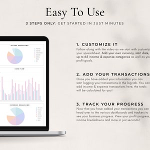Op de afbeelding: Een laptopscherm dat een financieel dashboard weergeeft met grafieken en diagrammen. Het dashboard is verdeeld in drie secties: inkomstenverdeling, kasstroom en uitgavenverdeling. De tekst op het scherm luidt "Gemakkelijk te gebruiken" en "Slechts 3 stappen: Begin in slechts enkele minuten".