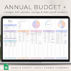 Annual Budget Spreadsheet, Google Sheets Budget Template, Bill Calendar, Personal Finance Dashboard, Monthly Budget Planner Google Sheets