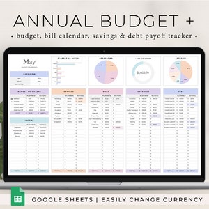 Annual Budget Spreadsheet, Google Sheets Budget Template, Bill Calendar, Personal Finance Dashboard, Monthly Budget Planner Google Sheets