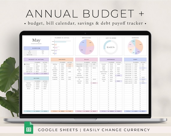 Annual Budget Template Google Sheets: Monthly Budget Dashboard, Bill Tracker, Savings Tracker & Debt Snowball Spreadsheet