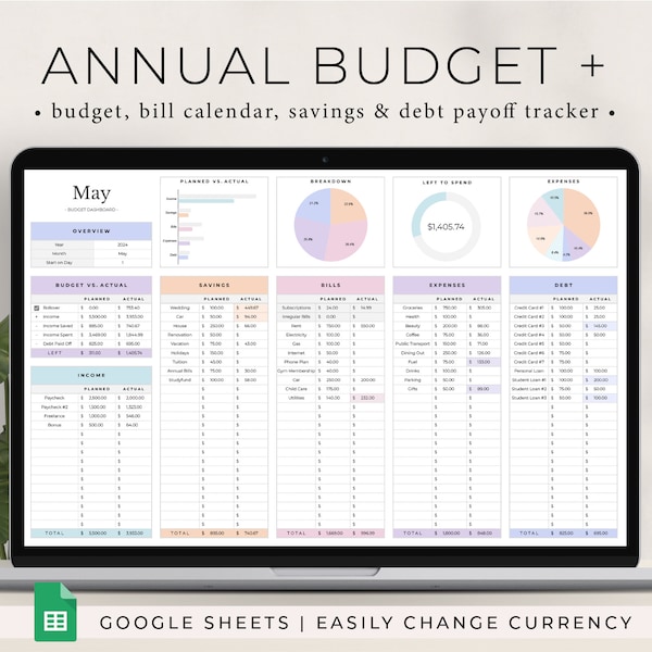 Annual Budget Spreadsheet, Google Sheets Budget Template, Bill Calendar, Personal Finance Dashboard, Monthly Budget Planner Google Sheets