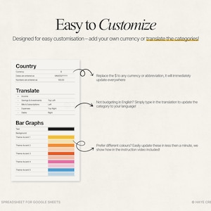 Puede incluir: Una plantilla de hoja de c&aacute;lculo digital para Google Sheets, con el texto "Easy to Customize". La plantilla incluye secciones para moneda, traducci&oacute;n y gr&aacute;ficos de barras con opciones de color. Se proporcionan instrucciones.