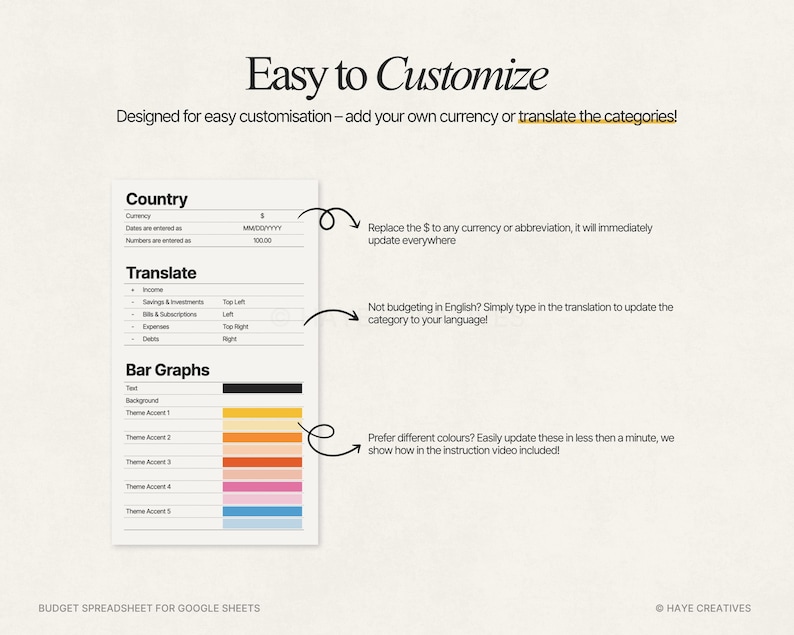 Puede incluir: Una plantilla de hoja de c&aacute;lculo digital para Google Sheets, con el texto "Easy to Customize". La plantilla incluye secciones para moneda, traducci&oacute;n y gr&aacute;ficos de barras con opciones de color. Se proporcionan instrucciones.
