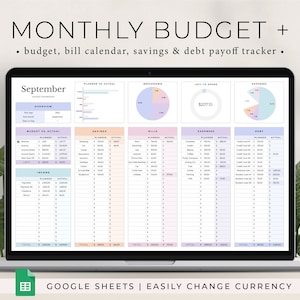 Planilha de orçamento mensal, Planilhas Google Planilhas Mensais, Calendário de contas, Rastreador de fundo de amortização, Modelo de planilha de bola de neve de dívida