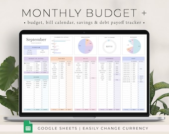 Monatliches Budget Tabelle, Google Sheets Monatlicher Budget Planer, Rechnungskalender, Sinking Fund Tracker, Debt Snowball Spreadsheet Template