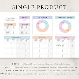 May include: A printable worksheet for calculating the cost, profit, and sale price of a single product. The worksheet includes sections for materials, labor, and other costs, as well as a breakdown of the sales price. The worksheet also includes a section for calculating batches of products.