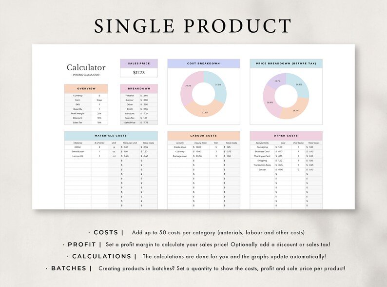 May include: A printable worksheet for calculating the cost, profit, and sale price of a single product. The worksheet includes sections for materials, labor, and other costs, as well as a breakdown of the sales price. The worksheet also includes a section for calculating batches of products.