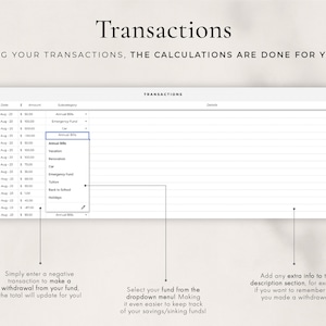 May include: A printable budget tracker with a grid for logging transactions, including date, amount, subcategory, and details. The image shows a drop-down menu with categories for budgeting, such as annual bills, emergency fund, car, holiday, renovation, tuition, back to school, and holidays.