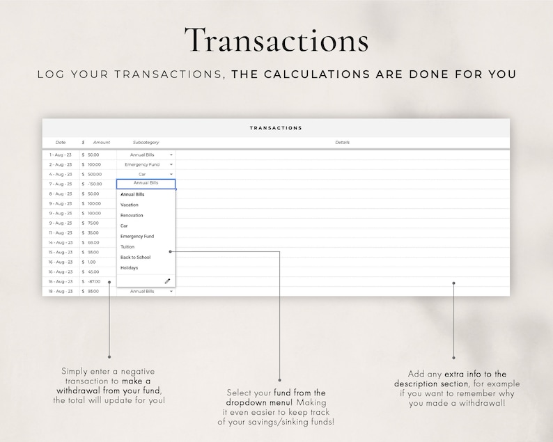 May include: A printable budget tracker with a grid for logging transactions, including date, amount, subcategory, and details. The image shows a drop-down menu with categories for budgeting, such as annual bills, emergency fund, car, holiday, renovation, tuition, back to school, and holidays.