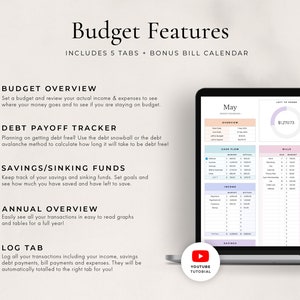May include: A computer screen displaying a budget spreadsheet with tabs for budget overview, debt payoff tracker, savings/sinking funds, annual overview, and log tab. The spreadsheet is color-coded and includes a section for bills, income, and cash flow. The screen is titled "May" and shows a balance of $1,270.73. A YouTube tutorial icon is visible in the bottom right corner.