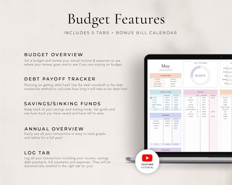 May include: A computer screen displaying a budget spreadsheet with tabs for budget overview, debt payoff tracker, savings/sinking funds, annual overview, and log tab. The spreadsheet is color-coded and includes a section for bills, income, and cash flow. The screen is titled "May" and shows a balance of $1,270.73. A YouTube tutorial icon is visible in the bottom right corner.