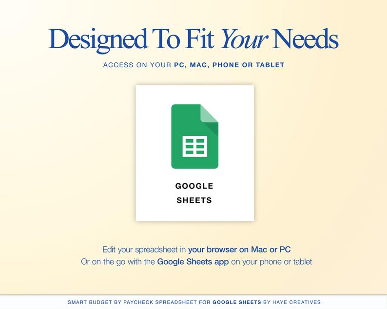 Może przedstawiać: Grafika cyfrowa z tekstem "Designed To Fit Your Needs" i "ACCESS ON YOUR PC, MAC, PHONE OR TABLET". Zielona ikona Arkuszy Google jest wyśrodkowana na białym kwadracie. Poniżej znajduje się tekst "GOOGLE SHEETS".