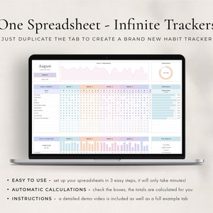 May include: A laptop screen displaying a spreadsheet with a habit tracker for the month of August. The spreadsheet is color-coded with pastel colors and includes a progress chart and a section for daily routines. The text on the screen reads "One Spreadsheet - Infinite Trackers" and "Just Duplicate the Tab to Create a Brand New Habit Tracker".