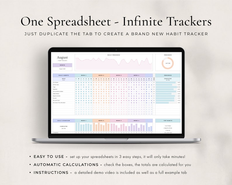 May include: A laptop screen displaying a spreadsheet with a habit tracker for the month of August. The spreadsheet is color-coded with pastel colors and includes a progress chart and a section for daily routines. The text on the screen reads "One Spreadsheet - Infinite Trackers" and "Just Duplicate the Tab to Create a Brand New Habit Tracker".