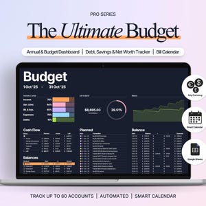 Google Sheets Budget Spreadsheet with Bill Calendar, Debt & Savings Tracker, 50 30 20 Dashboard
