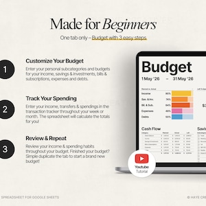 Puede incluir: Una pantalla de port&aacute;til muestra una hoja de c&aacute;lculo de presupuesto con un dise&ntilde;o limpio y moderno. El texto "Made for Beginners" y "Budget" son prominentes. La imagen incluye pasos para personalizar, rastrear y revisar un presupuesto, junto con un enlace a un tutorial de YouTube.