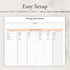 May include: A printable savings spreadsheet with columns for fund, goal, start, start date, goal date, and monthly. The spreadsheet is designed to help people track their savings goals.