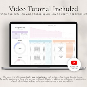 May include: A laptop computer displaying a spreadsheet with a weight loss tracker. The spreadsheet includes tabs for overview, progress, weight log, and milestones. The spreadsheet is designed to help users track their weight loss journey and progress towards their goals. A YouTube icon with the text "Watch on YouTube" is displayed in the bottom right corner of the screen.