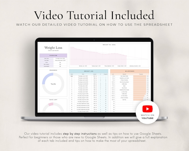 May include: A laptop computer displaying a spreadsheet with a weight loss tracker. The spreadsheet includes tabs for overview, progress, weight log, and milestones. The spreadsheet is designed to help users track their weight loss journey and progress towards their goals. A YouTube icon with the text "Watch on YouTube" is displayed in the bottom right corner of the screen.