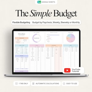 May include: A laptop screen displaying The Simple Budget Google Sheets template with pastel-colored sections for cash flow, income, bills, and expenses. The interface includes a pie chart, a circular balance indicator, and a YouTube Tutorial button.