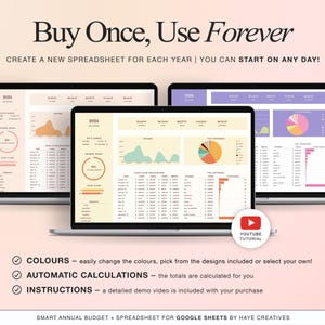 May include: A screenshot of a Google Sheets spreadsheet template for a smart annual budget. The spreadsheet has a colorful design with charts and graphs. The text "Buy Once, Use Forever" is at the top of the image. The text "Create a new spreadsheet for each year | You can start on any day!" is below the title. The text "SMART ANNUAL BUDGET + SPREADSHEET FOR GOOGLE SHEETS BY HAYE CREATIVES" is at the bottom of the image.