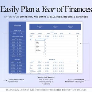 Annual budget planner tab of the annual & monthly budget spreadsheet for google sheets. On this tab you can easily plan a year of your personal finances and adjust your currency and start date. On this tab you can also add your account balances and add your income and expenses subcategories