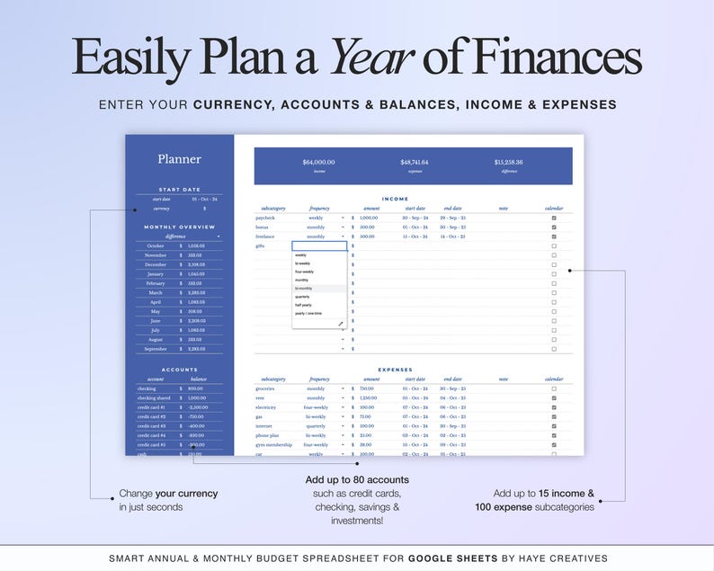 Annual budget planner tab of the annual & monthly budget spreadsheet for google sheets. On this tab you can easily plan a year of your personal finances and adjust your currency and start date. On this tab you can also add your account balances and add your income and expenses subcategories