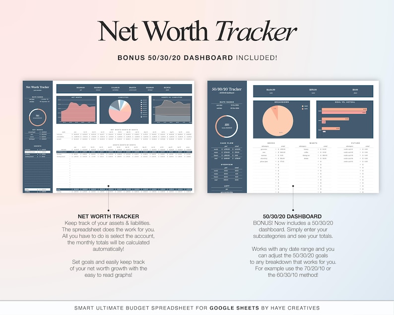 May include: A blue and white Google Sheets spreadsheet template for tracking net worth and budgeting. The spreadsheet includes a 50/30/20 dashboard for tracking spending and saving goals. The text "Net Worth Tracker" and "50/30/20 Dashboard" is displayed in black text on a white background.