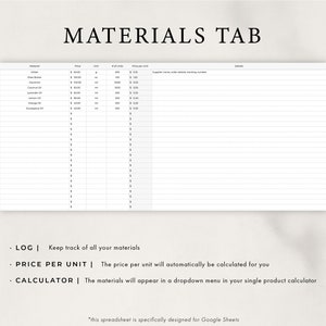 May include: A white spreadsheet with the title "MATERIALS TAB" at the top. The spreadsheet is divided into columns with headings for "Material", "Price", "Unit", "# of Units", "Price per Unit", and "Details". The spreadsheet is designed for Google Sheets and is used to keep track of materials, calculate prices per unit, and create a dropdown menu for a single product calculator.