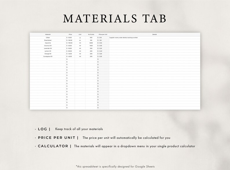 May include: A white spreadsheet with the title "MATERIALS TAB" at the top. The spreadsheet is divided into columns with headings for "Material", "Price", "Unit", "# of Units", "Price per Unit", and "Details". The spreadsheet is designed for Google Sheets and is used to keep track of materials, calculate prices per unit, and create a dropdown menu for a single product calculator.