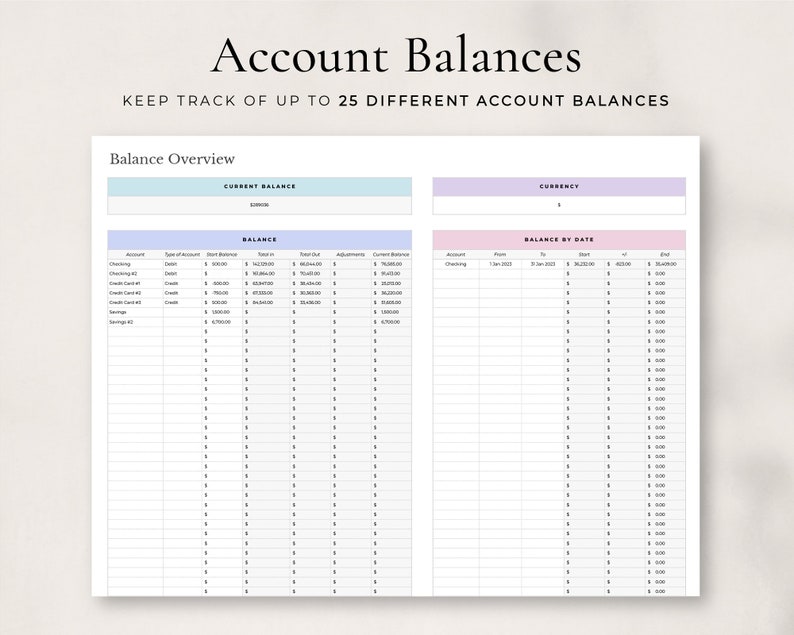 May include: A printable worksheet for tracking account balances. The worksheet has two sections: "Balance Overview" and "Balance by Date". The worksheet is designed to track up to 25 different accounts.