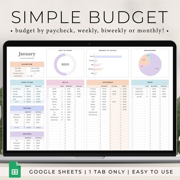 Budgetplanner voor Google Spreadsheets, maandelijkse budgetspreadsheet, salarisbudgettracker, wekelijkse budgetsjabloon, tweewekelijkse begroting, budgettering