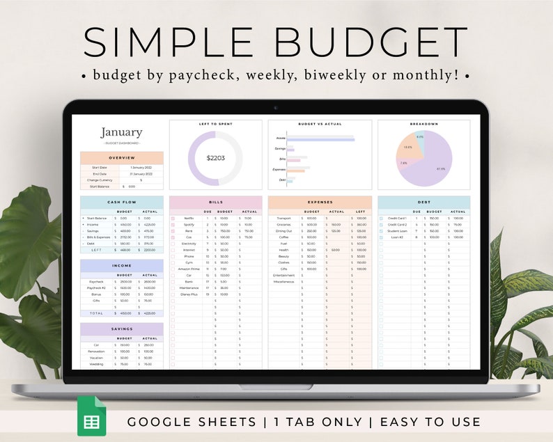 Pianificatore di budget per Fogli Google, Foglio di calcolo del budget mensile, Monitoraggio del budget dello stipendio, Modello di budget settimanale, Budget bisettimanale, Budget immagine 1