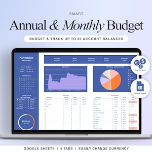 May include: A laptop screen displaying a Google Sheets spreadsheet for budgeting. The spreadsheet is titled "November" and includes sections for income, expenses, and a balance chart. The spreadsheet is designed to track up to 80 account balances. The text "SMART Annual & Monthly Budget" is displayed at the top of the screen.