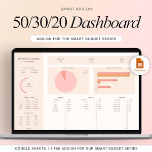 Op de afbeelding: Een laptopscherm dat een Google Sheets-spreadsheet toont met de titel "50/30/20 Tracker" in een roze en oranje kleurenschema. De spreadsheet bevat secties voor datumbereik, kaartstroom, overzicht, behoeften, wensen en toekomst. De spreadsheet is een budgettracker voor de 50/30/20-methode.